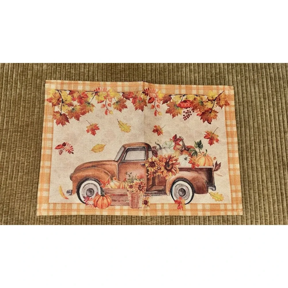 Set Of 6 Harvest Themed Fall Autumn Placemats Leaf Foliage Gingham Check